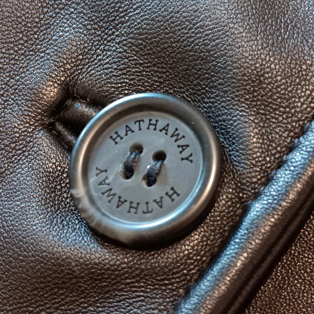 HATHAWAY‎ Men 100% Leather Jacket Coat Black SzL Vintage Zip And Button